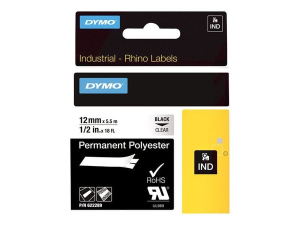 DYMO RhinoPRO Permanent Polyester - Polyester - permanet adhesiv - svart på blank - Rull (1,2 cm x 5,5 m) 1 kassett(er) tape - for Rhino 4200, 6000...