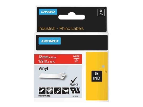 DYMO Rhino - Vinyl - permanet adhesiv - hvitt på rødt - Rull (1,2 cm x 5,5 m) 1 kassett(er) tape - for Rhino 4200, 5000, 5200, 6000; RhinoPRO 3000