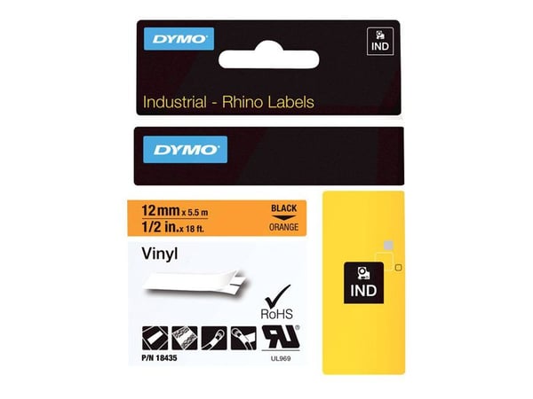 DYMO - Selv-adhesiv - sort på oransje - Rull (1,2 cm x 5,5 m) 1 rull(er) vinyl - for Rhino 4200, 6000, 6000 Hard Case Kit; RhinoPRO 1000, 3000, 5000