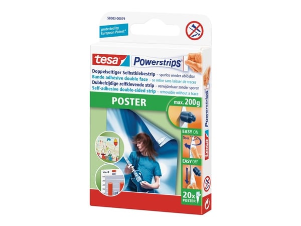 TESA Powerstrips® POSTER, Kiinnitysteippi, Valkoinen, Sisätila, 0,2 kg