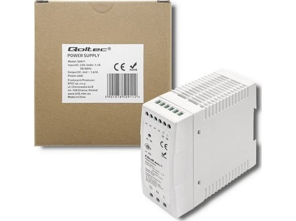 QOLTEC 50911 DIN strømadapter strømforsyning 40W 24V 1.67A hvit Slim