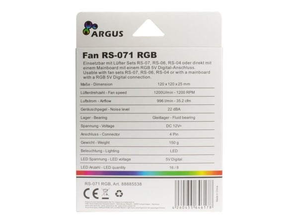 Inter-Tech fläkt 120 * 120 * 25 ARGUS RS-071 RGB, kristalleffekt detaljhandel