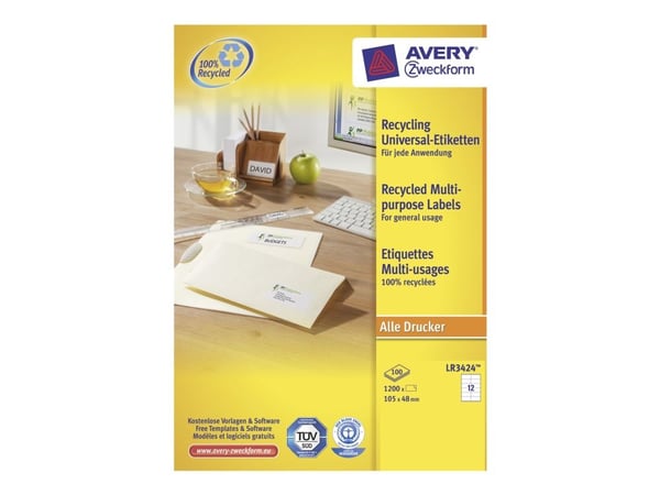 Avery QuickPEEL resirkulerte etiketter LR3424 - Hvit - 48 x 105 mm 1200 etikett(er) (100 ark x 12) resirkulerte etiketter