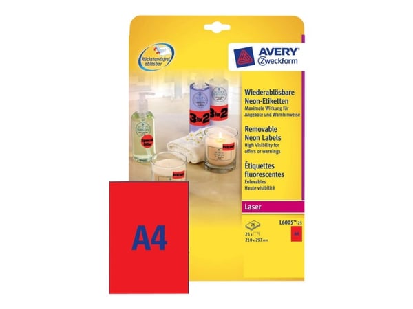 Avery Zweckform L6005 - Permanet adhesiv - selvlysende rød - A4 (210 x 297 mm) 25 etikett(er) 1 merkelapper