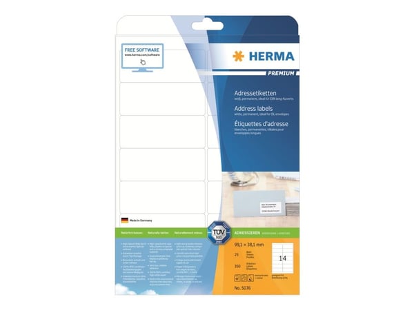 HERMA Premium - Papir - matt - permanent selv-adhesiv - hvit - 99.1 x 38.1 mm 350 etikett(er) (25 ark x 14) laminerte adresseetiketter