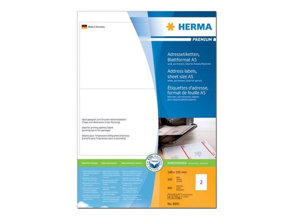 HERMA Special - Matt - selv-adhesiv - hvit - 148 x 105 mm 800 etikett(er) (400 ark x 2) adresselapper