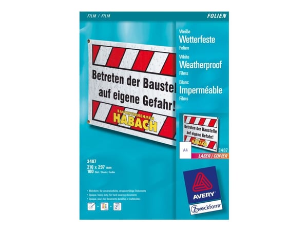 Avery Zweckform 3487 - 130 mikroner - hvit - A4 (210 x 297 mm) 100 ark film