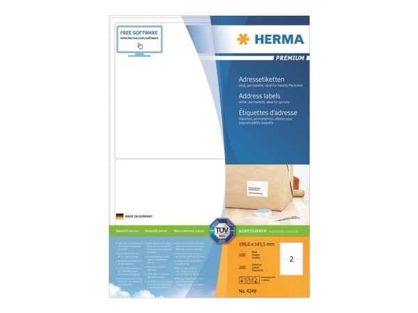 HERMA Premium - Papir - matt - permanent selv-adhesiv - hvit - 199.6 x 143.5 mm 200 etikett(er) (100 ark x 2) laminerte adresseetiketter