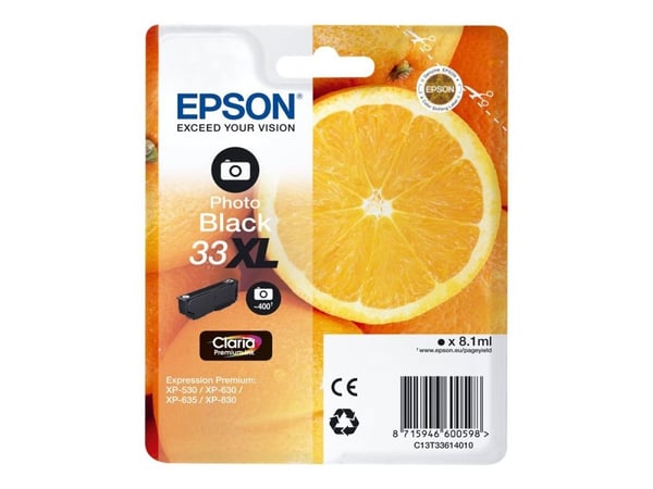 Epson Oranges Singlepack Photo Black 33XL Claria Premium Ink, Korkea (XL) värintuotto, Väripohjainen muste, 8,1 ml, 650 sivua, 1 kpl