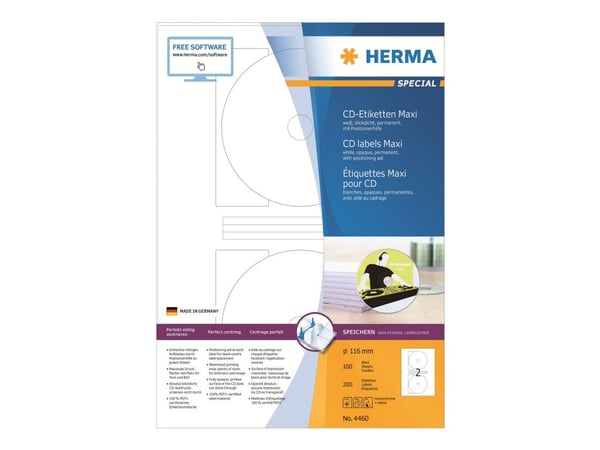 HERMA Special Maxi - Papir - matt - permanent selvklebende - hvit - 116 mm rund 200 etikett(er) (100 ark x 2) ugjennomsiktige CD/DVD-etiketter