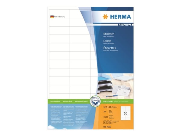 HERMA Premium - Papir - matt - permanent selv-adhesiv - hvit - 52.5 x 21.2 mm 11200 etikett(er) (200 ark x 56) laminerte etiketter
