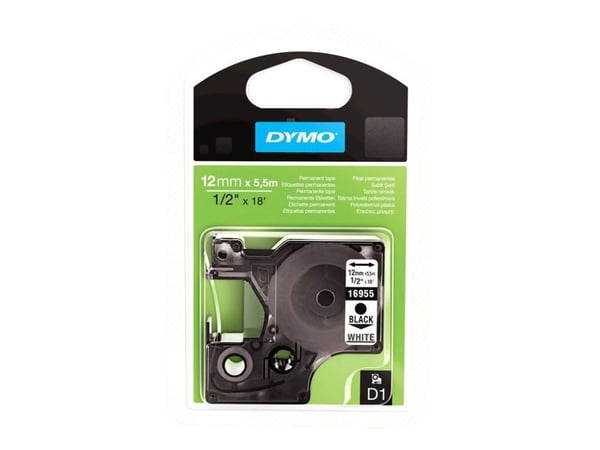 DYMO D1 - Polyester - permanet adhesiv - svart på hvitt - Rull (1,2 cm x 5,5 m) 1 kassett(er) merketape - for LabelMANAGER 160, 210D, 210D Kit, 210...