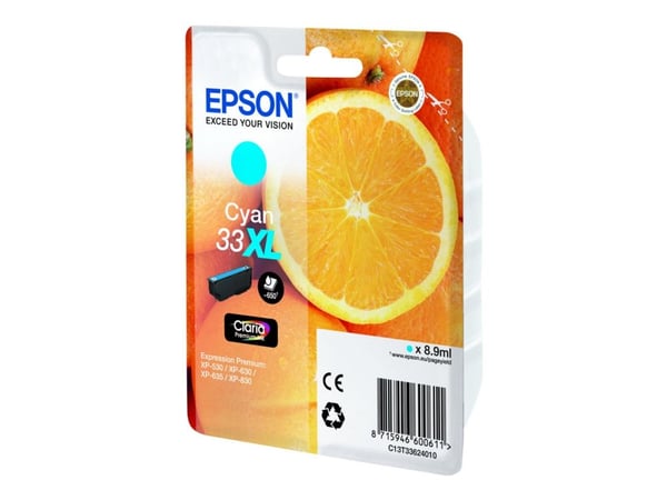 Epson 33XL - 8,9 ml - XL - syaani - alkuperäinen - läpipainopakkaus - värikasetti - Expression Home XP-635, 830; Expression Premium XP-530, 540, 63...