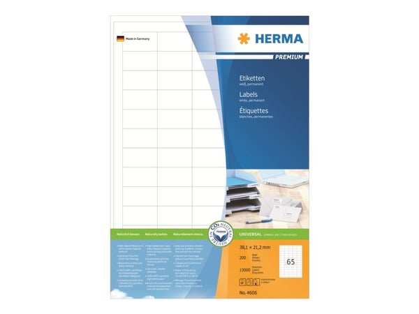 HERMA Premium - Papir - matt - permanent selv-adhesiv - hvit - 38.1 x 21.2 mm 13000 etikett(er) (200 ark x 65) laminerte etiketter