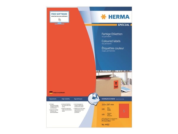 HERMA Special - Papir - matt - permanent selv-adhesiv - rød - A4 (210 x 297 mm) 100 etikett(er) (100 ark x 1) merkelapper