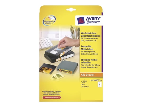 Avery Diskette Labels - Hvit - 70 x 50.8 mm 250 etikett(er) (25 ark x 10) diskettetiketter