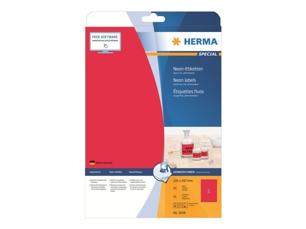 HERMA Special - Papir - matt - permanent selv-adhesiv - lysende rød - A4 (210 x 297 mm) 20 etikett(er) fluorescerende etiketter