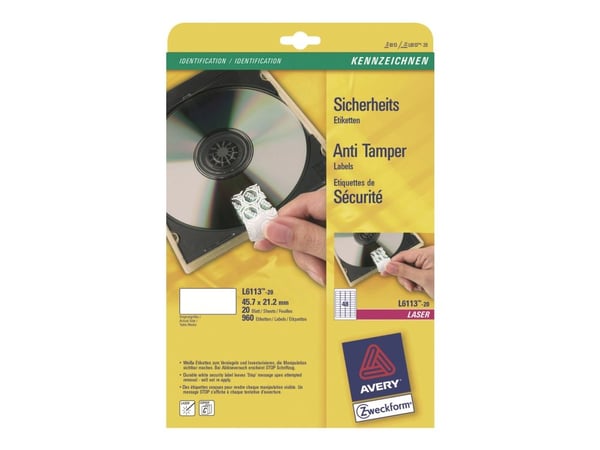 Avery Zweckform L6113-20, White, Rounded rectangle, Permanent, Polyester, Laser/Inkjet, 45.7 mm