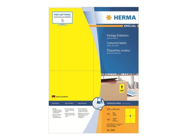 HERMA Spesial - Papir - matt - permanent selvklebende - gul - A6 (105 x 148 mm) 400 etikett(er) (100 ark x 4) etiketter