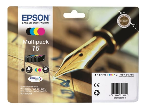 Epson 16 -monipakkaus – 4 kpl – musta, keltainen, syaani, magenta – alkuperäinen – mustekasetti – WorkForce WF-2010, 2510, 2520, 2530, 2540, 2630, ...
