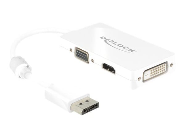 Delock - DisplayPort-adapter - DisplayPort (hann) til HD-15 (VGA), HDMI, DisplayPort (hunn) - 16 cm - hvit