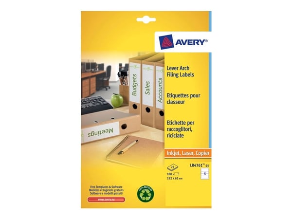 Avery LR4761 - Hvit - 61 x 192 mm 100 etikett(er) (25 ark x 4 filmappeetiketter