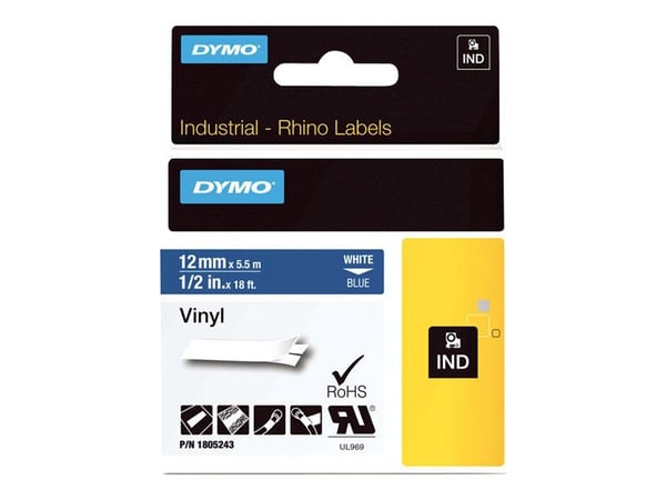 DYMO Rhino Coloured Vinyl - Vinyl - hvitt på blått - Rull (1,2 cm x 5,5 m) 1 kassett(er) tape - for DYMO ILP219; Rhino 1000, 4200, 5000, 5200, 6000...