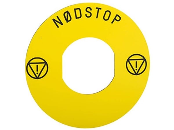 Skilt Ø60 gul med dansk "nødstop"