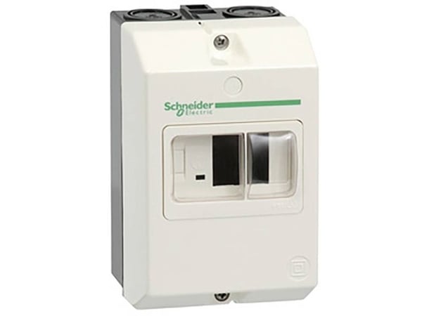 SCHNEIDER ELECTRIC Seinäasennusrasia GV2M IP 55, jossa on läpivienti maadoitusliittimellä, 2 kpl M20/M25-kolhuja ylä- ja alakautta esiliitäntää varten