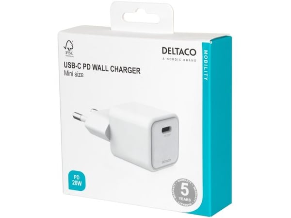 DELTACO mini - Strömadapter - 20 Watt - PD (USB-C) - vit