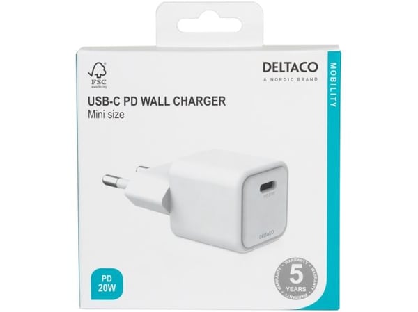 DELTACO mini - Strömadapter - 20 Watt - PD (USB-C) - vit