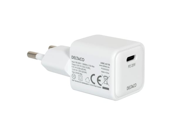 DELTACO mini - Strömadapter - 20 Watt - PD (USB-C) - vit