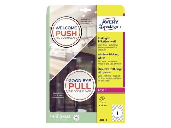 Avery L9003-10, Hvit, Selvklebende skriveretikett, A4, Papir, Polypropylen (PP), Laser, Matte
