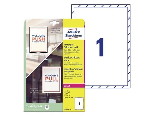 Avery L9001-10, Hvit, Selvklebende skriveretikett, A4, Papir, Polypropylen (PP), Laser, Matte