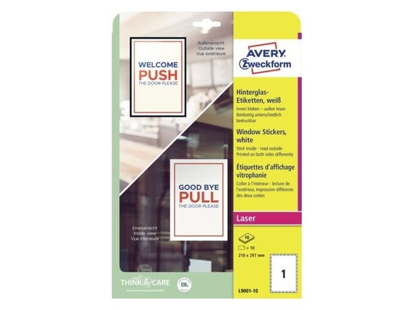 Avery L9001-10, Hvit, Selvklebende skriveretikett, A4, Papir, Polypropylen (PP), Laser, Matte