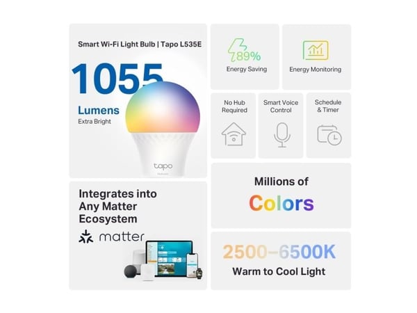 TP-Link Tapo L535E, Smartpære, Wi-Fi/Bluetooth, Hvit, 802.11b, 802.11g, Wi-Fi 4 (802.11n), WPA-PSK, WPA2-PSK, WPA3-SAE, LED