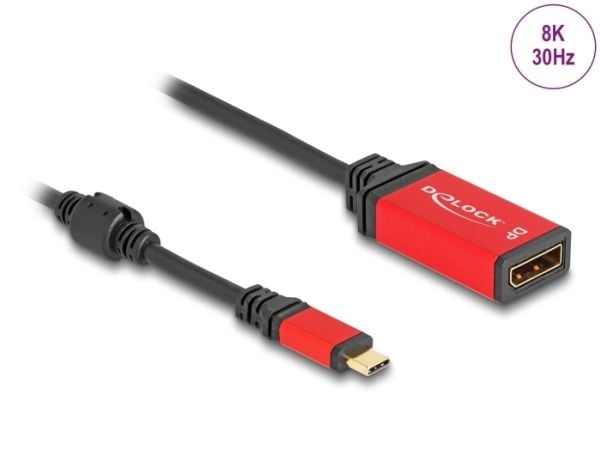 Delock - Adapterkabel - 24 pin USB-C (hann) til DisplayPort (hunn) - 20 cm - 8K 30Hz støtte, Støtte for DP Alt-modus, HDR10-støtte - sort / rød
