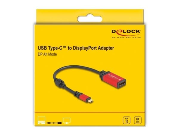 Delock - Adapterkabel - 24 pin USB-C (hann) til DisplayPort (hunn) - 20 cm - 8K 30Hz støtte, Støtte for DP Alt-modus, HDR10-støtte - sort / rød