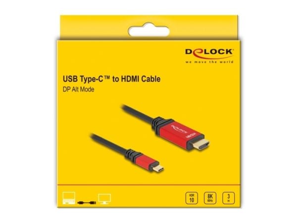 Delock - Adapterkabel - 24 pin USB-C hann til HDMI hann - 3 m - sort / rød - 8 K 60 Hz (7680 x 4320) støtte, Støtte for DP Alt-modus, HDR10-støtte