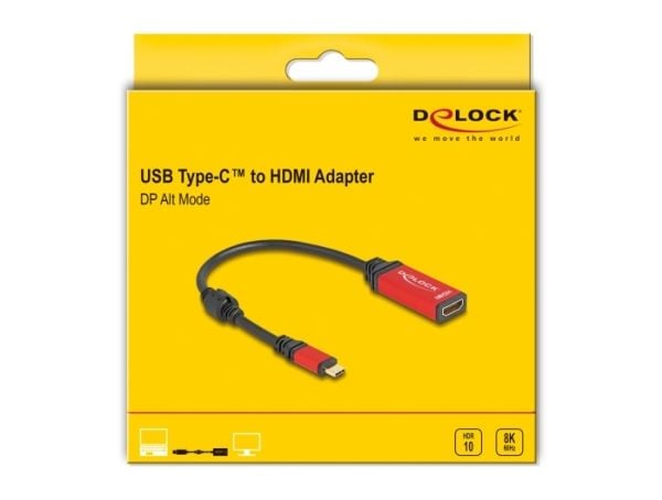 Delock - Video adapter - 24 pin USB-C hann til HDMI hunn - 20 cm - sort / rød - 8 K 60 Hz (7680 x 4320) støtte, Støtte for DP Alt-modus, HDR10-støtte