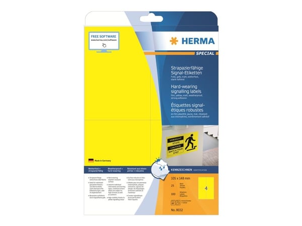 HERMA 8032, Keltainen, Itse kiinnittyvä tulostintarra, A4, Laser, Kiinteä, Matta