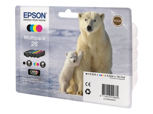 Epson Polar bear Monipakkaus, 4 väriä 26 Claria Premium -muste, musta, Syaani, Magenta, Keltainen, Väriainepohjainen muste, Väripohjainen muste, 6,...
