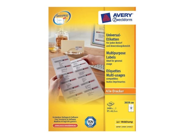 Universaletiketter Avery 3659 hvid 42.3 x 97 mm m/2400 etiketter (100 A4-ark á 12 etiketter)