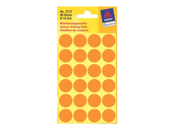 Etiket Avery neon orange Ø18mm 3173 96stk/pak - (96 stk.)