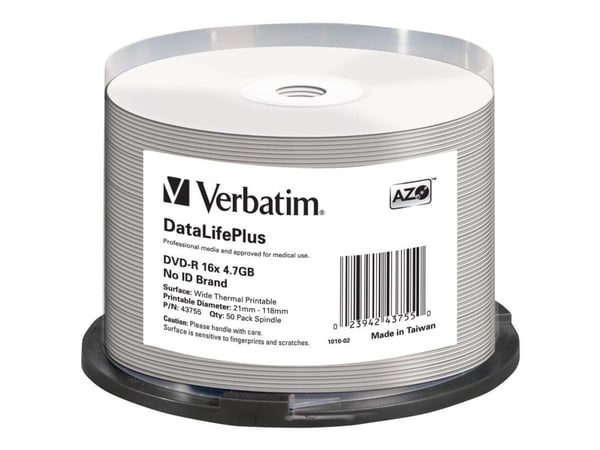Verbatim DataLifePlus - 50 x DVD-R - 4.7 GB 16x - bred termoskriveoverflate - spindel