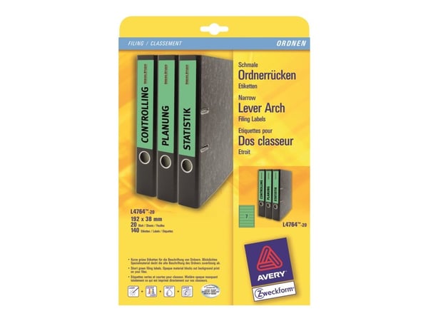 Avery L4764 - Grønn - 38 x 192 mm 140 stk (20 ark x 7) filmappeetiketter