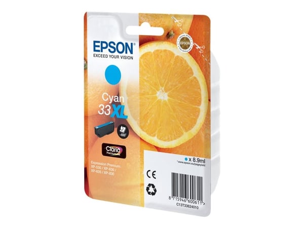 Epson 33XL - 8,9 ml - XL - syaani - alkuperäinen - läpipainopakkaus - värikasetti - Expression Home XP-635, 830; Expression Premium XP-530, 540, 63...