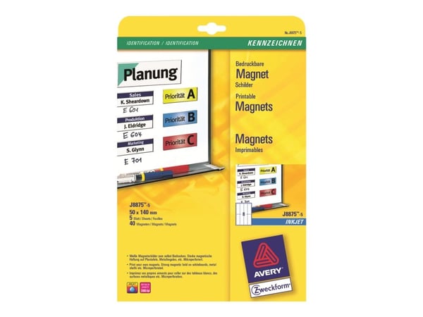 Avery Printable Magnets - Hvit - 50 x 140 mm 40 stk (5 ark x 8) magnetetiketter