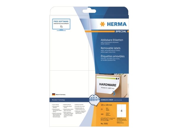HERMA Special - Papir - matt - fjernbart selv-adhesiv - hvit - A6 (105 x 148 mm) 100 etikett(er) (25 ark x 4) merkelapper