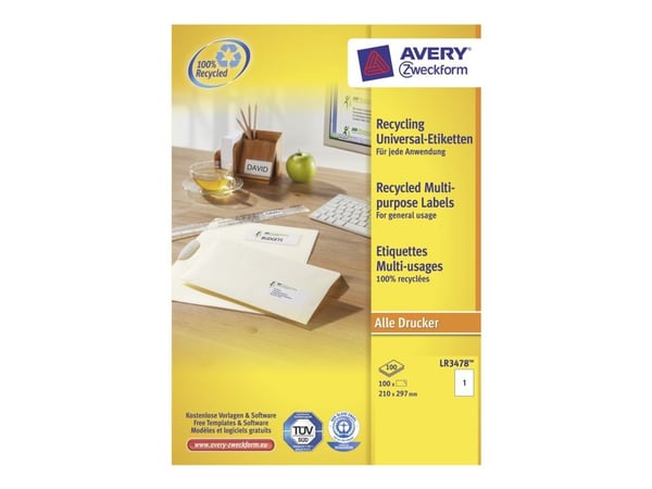 Avery QuickPEEL resirkulerte etiketter LR3478 - Hvit - A4 (210 x 297 mm) 100 etikett(er) (100 ark x 1) resirkulerte etiketter